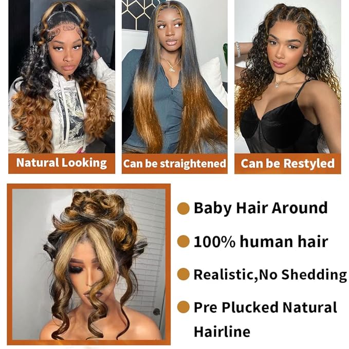200% Density Full 360 Lace Front Wigs Human Hair For Women Ombre Lace Frontal Wig Glueless Wigs Human Hairs Body Wave Lace Front Wigs Human Ombre Human Hair (18 Inch)