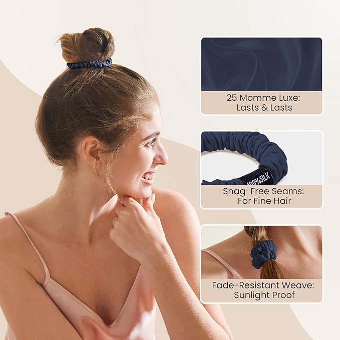 THXSILK 100% Mulberry Silk Scrunchies 3-Pack, 25 Momme Mulberry Silk Hair Ties for Women, Sleek Low Profile No Damage Ponytail Holders, for Fine Hair & Everyday Use, Navy Blue