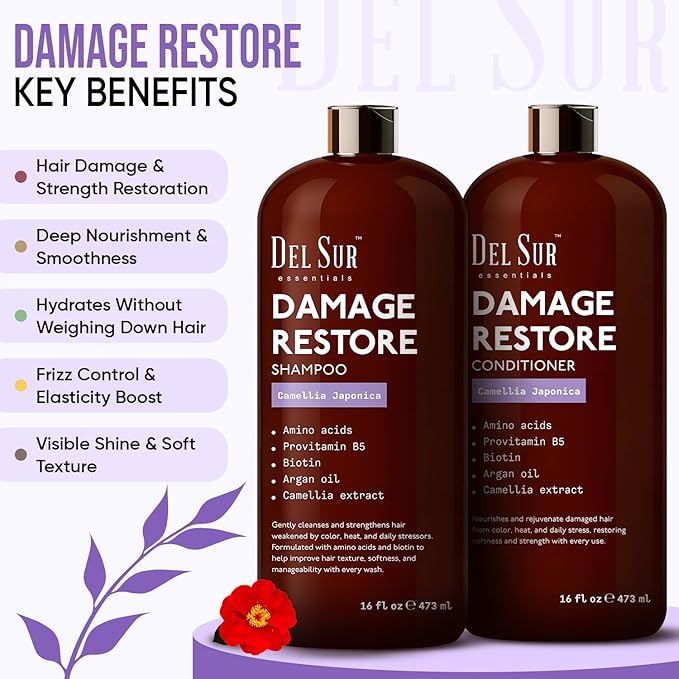 DEL SUR Hair Repair Shampoo and Conditioner Set | 16 fl oz Each | with Camellia Japonica, Amino Acids, Biotin & Argan Oil | Moisturizing Strength & Damage Repair for Dry, Damaged Hair