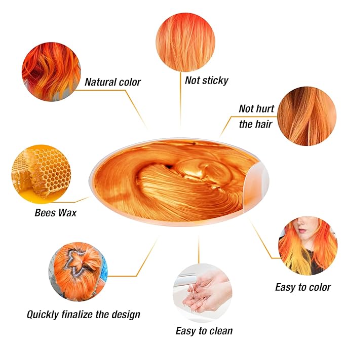 Temporary Hair Color for Kids, Ultikare Orange Hair Dye Washable Natural Hair Wax Color Chalk Mud Cream DIY Hairstyle Clay For Dark Hair Halloween, Cosplay, Party, Christmas Gift Girls 3.4 Fl Oz
