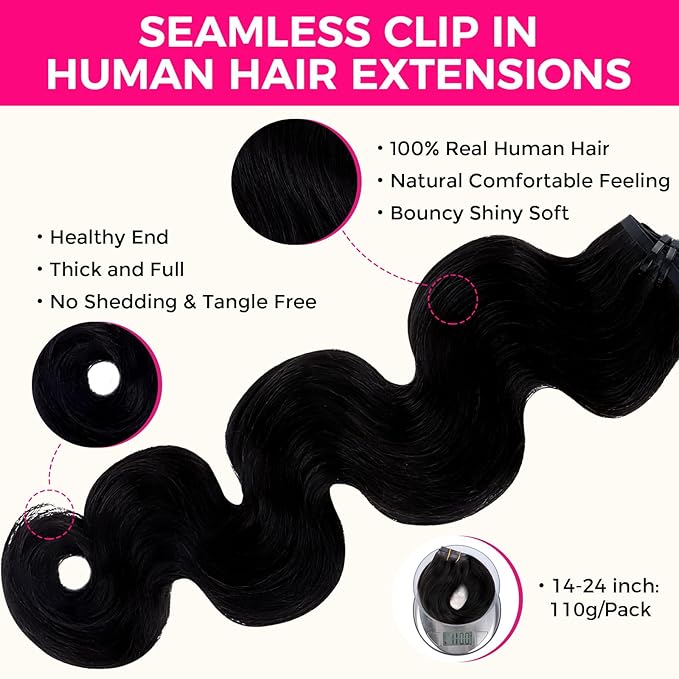 Lashey Seamless Clip in Hair Extensions Human Hair #1 Jet Black Body Wave 7pcs 110g 18 Inch Invisible PU Weft Clip in Hair Extensions Real Human Hair for Women