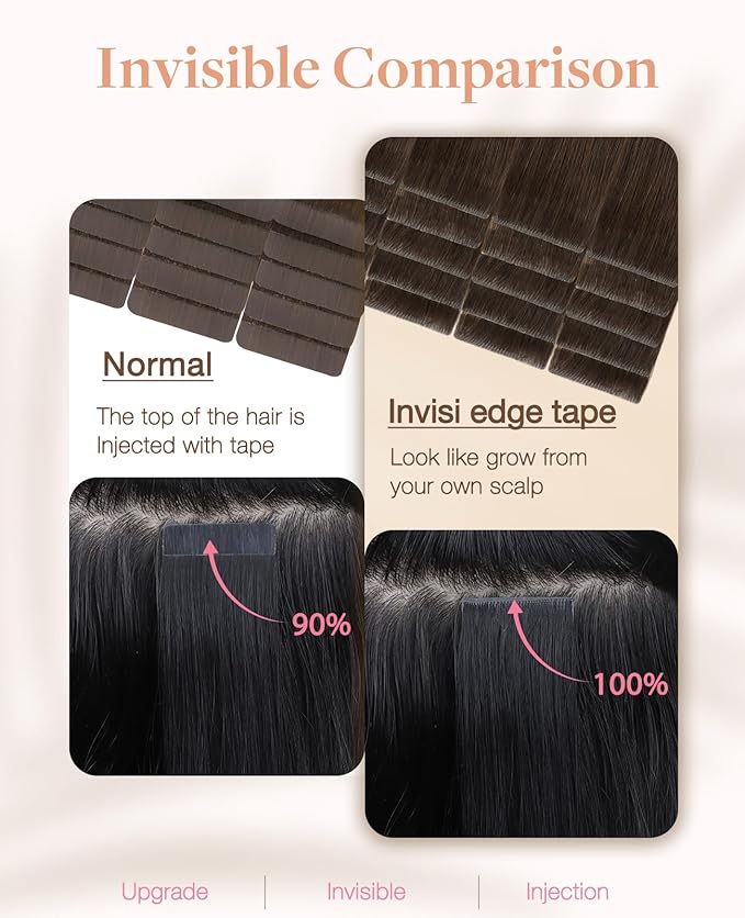 GOO GOO Invisi Edge Tape in Hair Extensions Human Hair, 4A Chocolate Brown 20pcs injected with 20pcs classical tape ins, 14inch 100g, Virgin Remy Hair, Natural Look