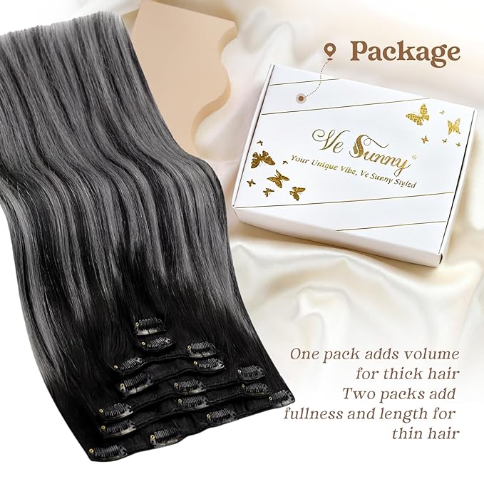 Ve Sunny Real Hair Extensions Clip in Human Hair Black Ombre Grey Balayage Remy Clip in Hair Extensions Human Hair Full Head Set 18inch 7pcs 120g