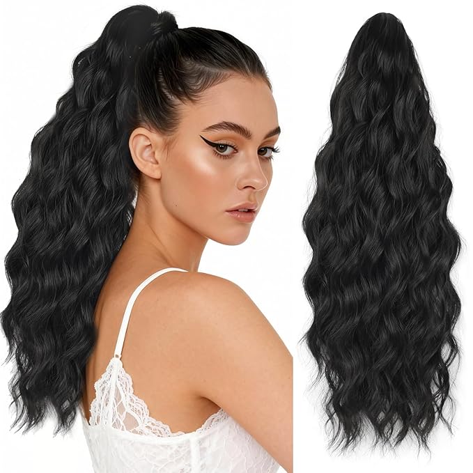 Ponytail Extension, 18 Inch Claw Clip Ponytail Extensions Curly Wavy Ponytail Hair Extension Jaw Clip on Pony Tails Hairpiece for Women Fluffy Natural Synthetic for Daily Use (Light Black)