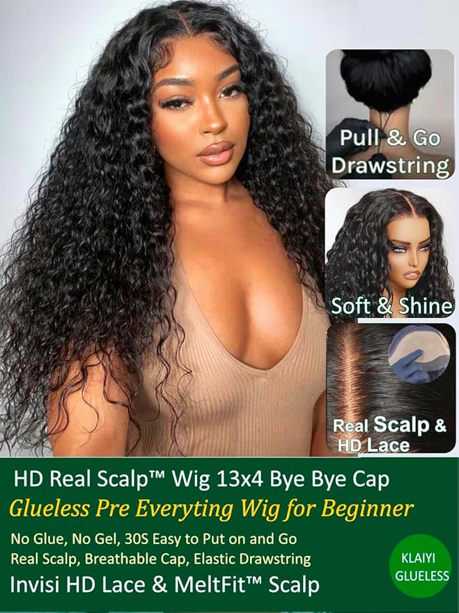 KLAIYI Water Wave HD Real Scalp Glueless Precut 13x4 Lace Front Human Hair Wig Drawstring Bye Bye Knots Pre Plucked Bleached Pre Everything 30S Ready to Wear and Go Deep Curly Wave Beginner Wig 26Inch