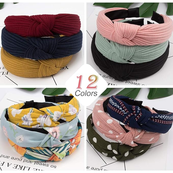 VELSCRUN Womens Headbands Boho Headbands for Women 12 Pack Knot Headband Women Knotted Head Band Elastic Turban HeadBands Boho Bandeau Wide Hair Bands Hair Accessories for Washing Face