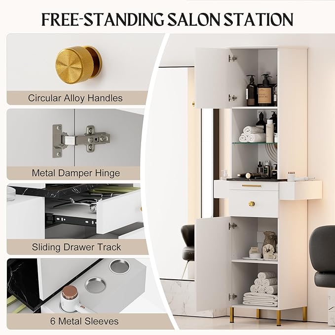 Paddie Barber Station Hair Salon Station, Salon Stations for Hair Stylist, Beauty Salon Spa Equipment w/Glass Shelf, 2 Storage Cabinet & Drawers, 6 Hair Dryer Holders for Hair Styling（White）
