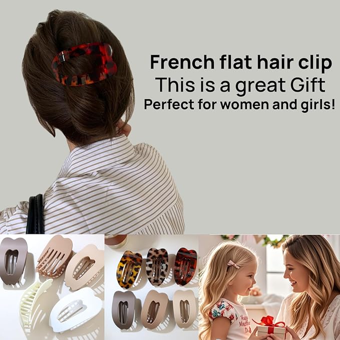 Women Flat Hair Clips,4-Pack French Large Matte Non-Slip Claw Hair Clips for Thick or Thin Hair (Red leopard print,Yellow leopard print,Black,Matte Dark Brown)