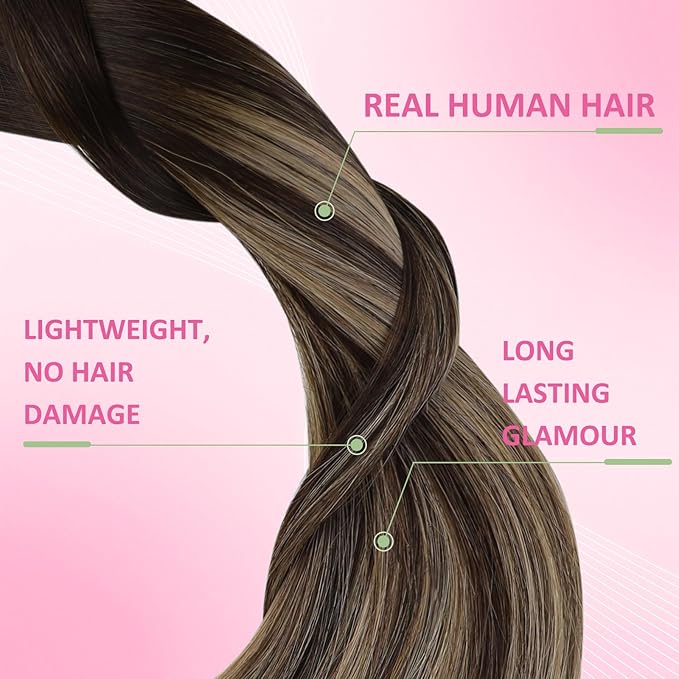 YoungSee Invisible Tape in Hair Extensions Brown Balayage Tape in Extensions Ombre Dark Brown to Blonde with Dark Brown Tape-on Hair Extension Human Hair Long 24In for Instant Length 20pcs 50g