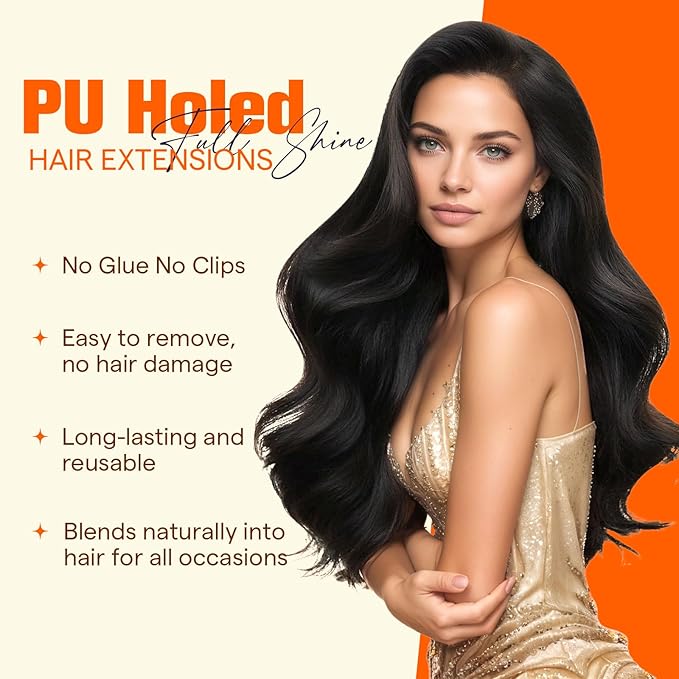 Full Shine Tape in with Holes Color Black 12Inch Tape in Hair Extensions Human Hair Invisible Seamless Human Hair Tape in Extensions 20Pcs 30G for Women Straight No Glue No Clips Thin Hair