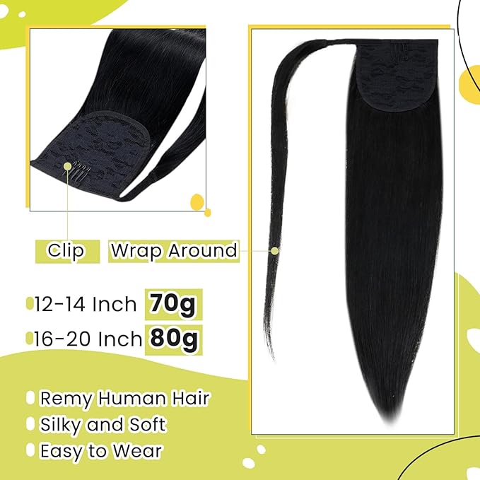 RUNATURE Ponytail Extension Human Hair, Real Hair Ponytail Extension Black, Remy Human Hair Ponytail Wrap Around, Clip in Ponytail Hair Extensions Straight, Easy to Apply, 14 Inch 70g #1 Jet Black