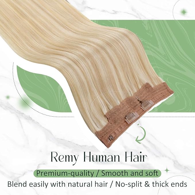 RUNATURE Wire Human Hair Extensions, Blonde Hair Extensions Real Human Hair, Headband Fish Line Extension for Women, Straight Remy Natural Hair, 12 Inch 70g #18P613 Ash Blonde Highlights