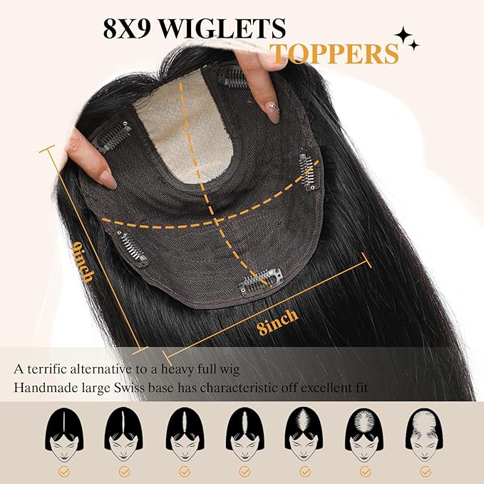 YAMI Hair Toppers for Women 8x9inch Skin Scalp Hair Topper with Bangs 15 Inch HairPieces for Women with Hairloss (Natural Black)