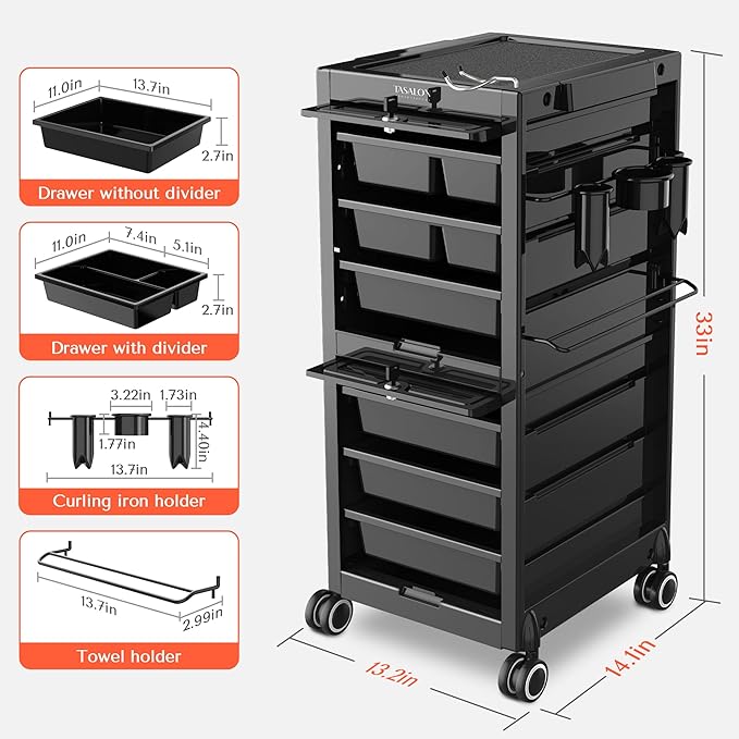 TASALON Professional Salon Trolley Cart, 6 Drawers with Dividers, Lockable Storage,Versatile Salon Cart for Hair Stylist, Hair Tool Holders, Black