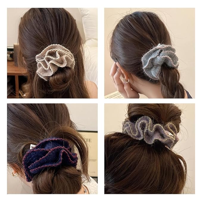 2 Pcs Soft Fabric Scrunchies for Hair,3.9 inch Medium Elastic Hair Ties Ropes Crochet Knit Silky Scrunchie for Women-Mixed Color 5