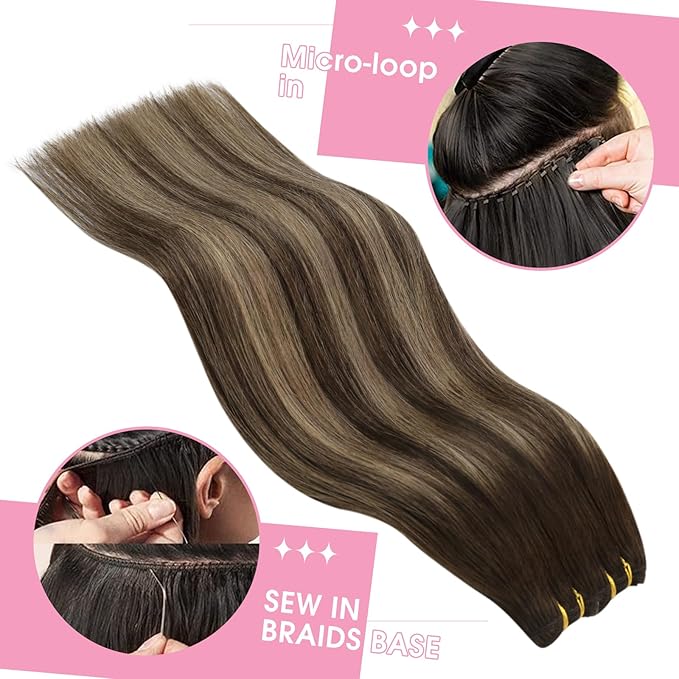 YoungSee Human Hair Sew in Extensions Brown Balayage Double Weft Human Hair Extensions Dark Brown Mix Caramel Blonde Balayage Straight Hair Weft Extensions Remy Hair 20Inch 100G