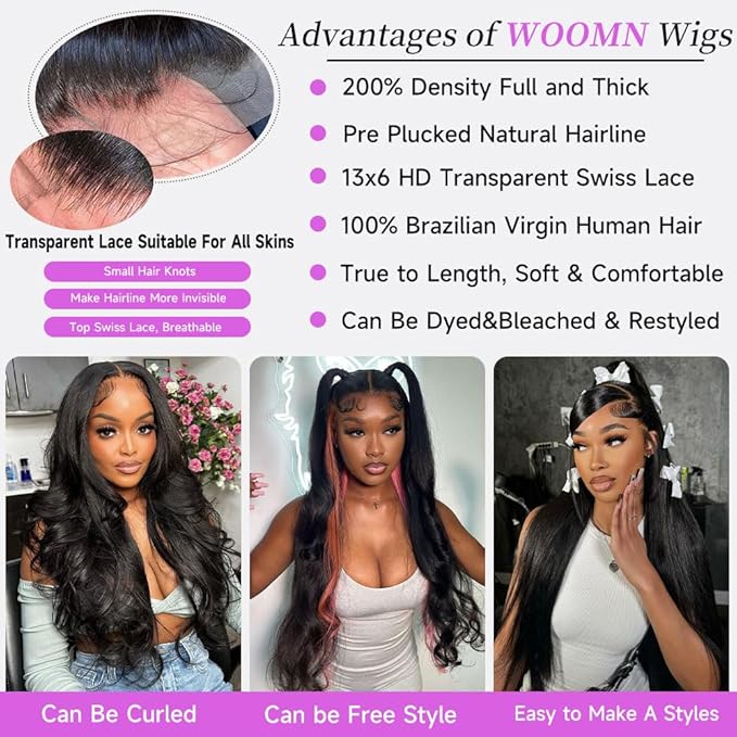 30 Inch 13x6 Lace Front Wigs Human Hair Full Real Virgin Hair 3X Longer Life Straight Wigs Human Hair 200% Density Soft Silky Smooth HD Lace Frontal Wig Tangle-Free Natural Black