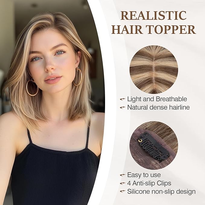 Rich Choices Hair Toppers for Women Real Human Hair 100% Human Remy Toppers NO Bangs with Thinning on Top Clip in Hairpiece 4"x4.7"Lace Base 14 Inch #4P27 Medium Brown Highlights Dark Blonde