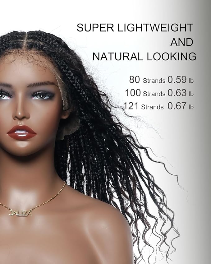 Human Hair Boho Curls Hand-Tied HD Full Lace Wig - 24" Salon-Level Small Box Synthetic Braids (121 Braids, High Density) Pre-Cut Swiss HD Lace, Pre-Plucked, Tangle-Free - 1B/27/613 Highlight