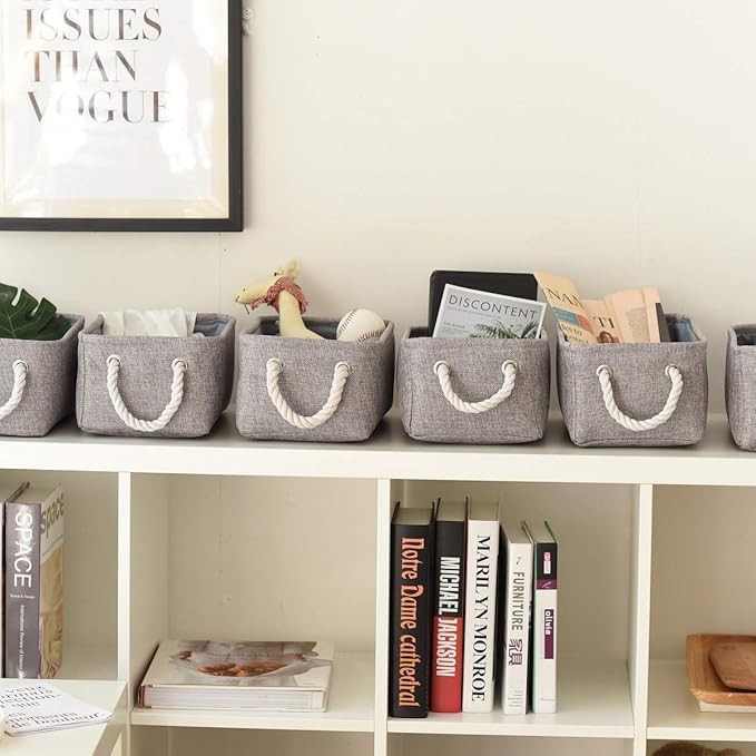 TheWarmHome Foldable Small Storage Baskets with Strong Cotton Rope Handles [6-Pack] Gray Collapsible Storage Bins Set Works Room Storage, Nursery Baskets