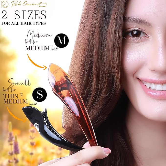 RC ROCHE 6 Pcs Duck Bill Alligator Hair Clips for Women Sectioning Flat Claw Long Thick Hair Inner Teeth Curved Styling Jaw Strong Secure Grip Salon, Medium Black, Brown, Clear