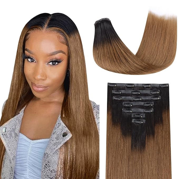 Lashey Seamless Clip in Hair Extensions Human Hair Ombre Natural Black to Medium Auburn Light Yaki Straight Clip in with PU Soft Invisi Edge 110g 7pcs 16 Inch Hair Extensions