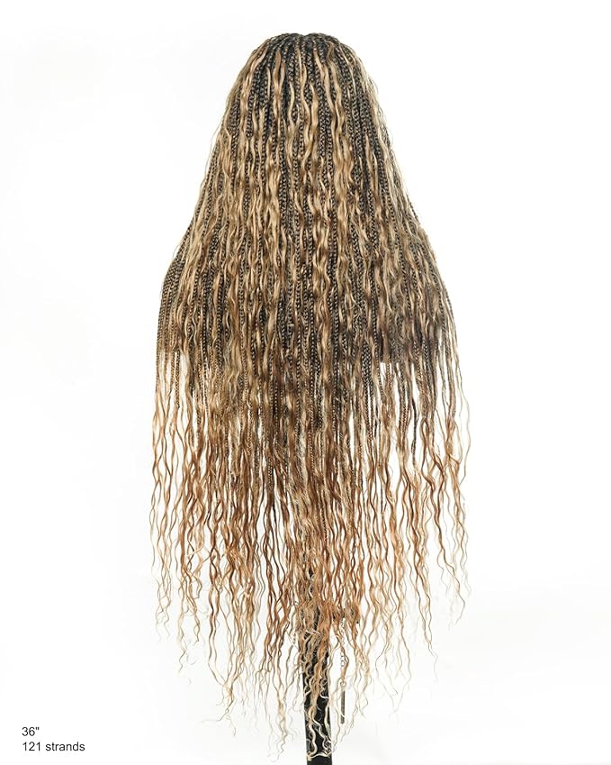Human Hair Boho Curls Hand-Tied HD Full Lace Wig - 36" Salon-Level Small Box Synthetic Braids (121 Braids, High Density) Pre-Cut Swiss HD Lace, Pre-Plucked, Tangle-Free - 1B/27 Honey Blond