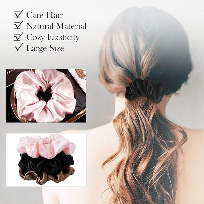 Silk Scrunchies for Women - 100% Mulberry Silk Hair Ties, 3 Pack, No Damage Elastic Ponytail Holders (Brown, Black, Pink)