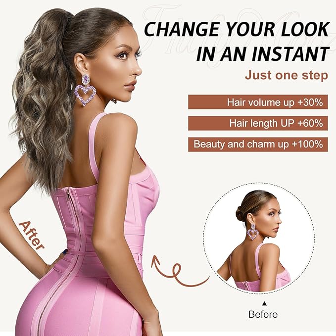 Flufymooz Ponytail Extension, 18 Inch Claw Clip Ponytail Extension, Wavy Curly Claw Clip in Pony Tail Hair Extensions, Pony Tail Synthetic Hairpiece for Women (Honey Blonde with Blonde Highlights)