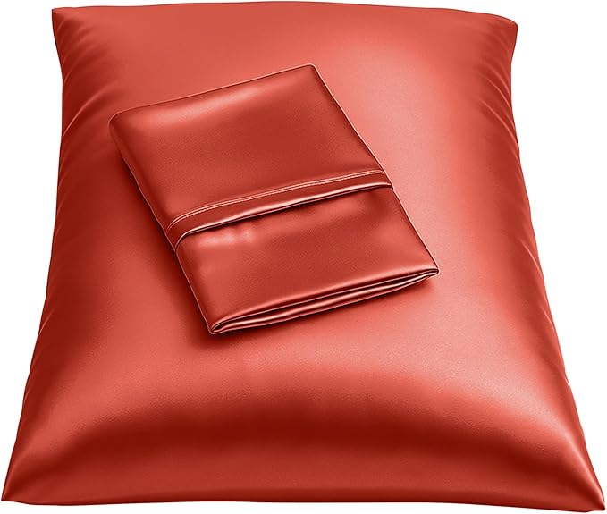 BLISSFORD Satin Pillowcase with Zipper, for Hair and Skin Care, Feels Soft and Cool Like a Silk Pillowcase, Satin Pillow Cases 2 Pack, Slik Pillow Cover, Rust - King Size, Set of 2