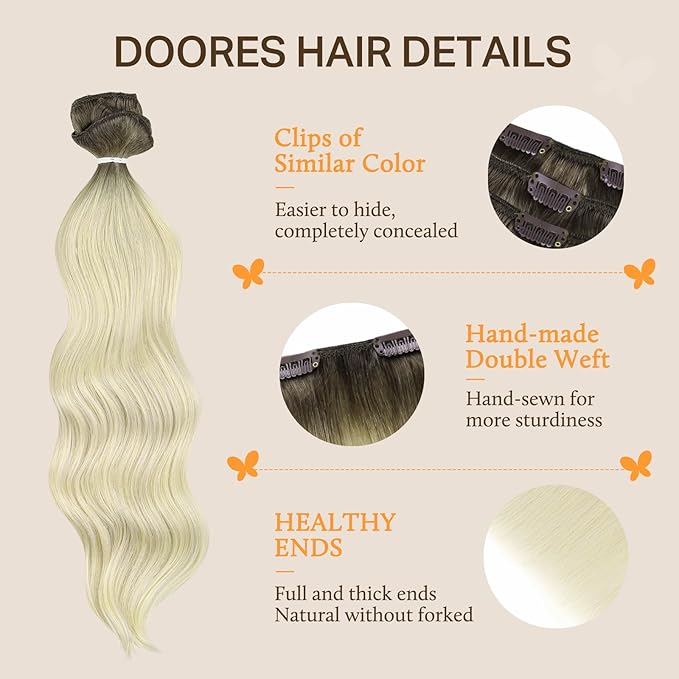 DOORES Clip in Human Hair Extensions, Light Ash Brown to Ash Blonde 100g 7pcs 14 Inch, Remy Hair Extensions Straight Natural Thick