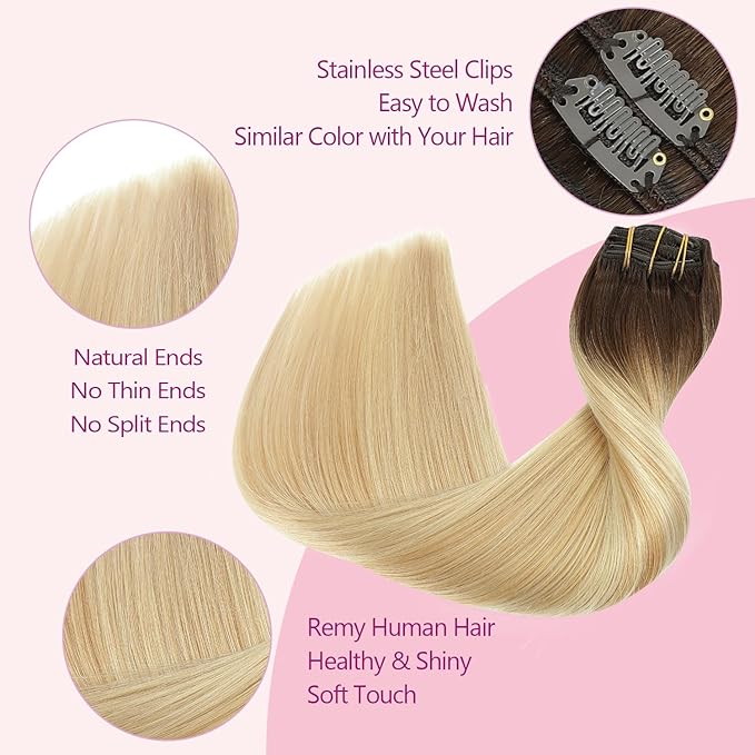 PINKPEARL Clip in Hair Extensions Real Human Hair, Remy Human Hair Extensions Clip ins, 16inch 120g 7Pcs, #4/27/60 Balayage Chocolate Brown to Caramel Blonde and Platinum Blonde(#4/27/60-16)