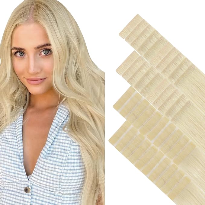 GOO GOO Invisi Edge Tape in Hair Extensions Human Hair, 60A Platinum Blonde 20pcs injected with 20pcs classical tape ins, 12inch 80g, Virgin Remy Hair, Natural Look