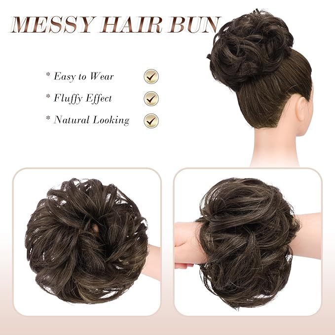 FESHFEN Messy Bun Hair Piece - Elastic Wavy Curly Hair Bun Scrunchies Extensions Synthetic Chignon Hairpieces for Women Girls, Mixed Chocolate Brown 1.5 oz