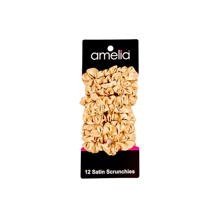 Amelia Beauty, Tan Satin Small Scrunchies, 12-Pack – No Damage Hair Ties for Women, Gentle & Durable Hair Accessories, 2.5in x 0.5in