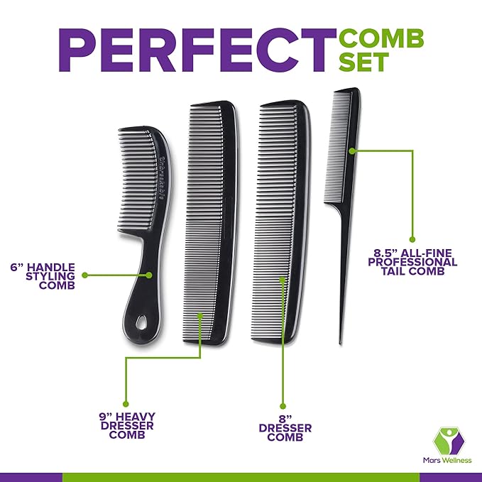 MARS Wellness 4 Piece Professional Comb Set Black BULK 20 Pack - USA MADE - Fine Pro Tail, Dresser Hair Comb Styling Comb - for Men Women - Parting Teasing and Styling