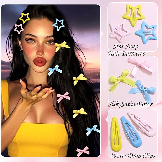 36Pcs Pink Mini Hair Bows Blue Water Drop No Slip Hair Clips Star Snap Hair Barrettes for Women Yellow Small Bows for Hair Star Bowknot Hair Accessories for Teens Girls
