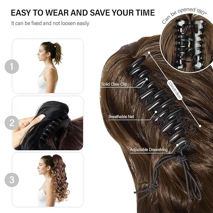 Dark Brown Ponytail Extension, 24 Inch Claw Clip ponytail extension, Soft Curly Clip on Ponytails for Women, Natural Synthetic Layered Pony Tails Hair Extensions (Color: Dark Brown)