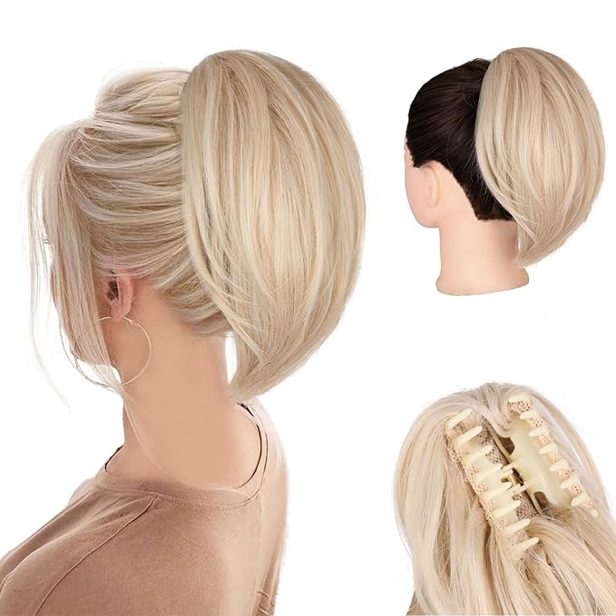 Clip on Ponytails for Women - 10 Inch Short Ponytail Extension, Straight Pony Tails Hair Extensions, Synthetic Hair Extensions Ponytail, Clip in Ponytail (Color: Beige)