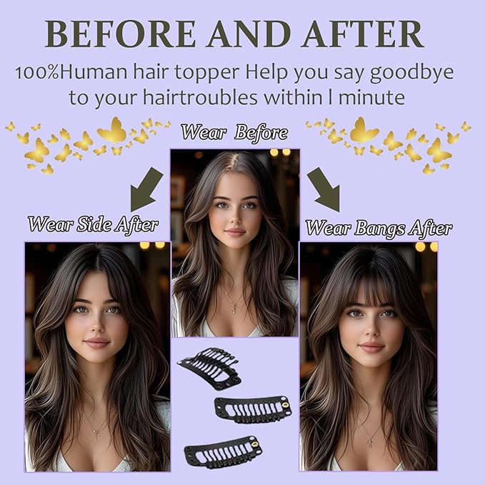 Hair Toppers for Women Real Human Hair, 360° 3D Human Hair Toppers for Women with Thinning Hair Upgrade Middle Part Clip in Bangs (Chestnut Brown(Big Coverage), 12 Inch-3D-Wispy)