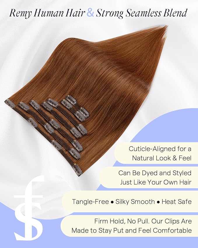 Full Shine Ginger Hair Clip in Extensions Real Human Hair Extensions Clip ins Dark Auburn for Thickness for Pageant 150 G 24 Inch 7 Pcs