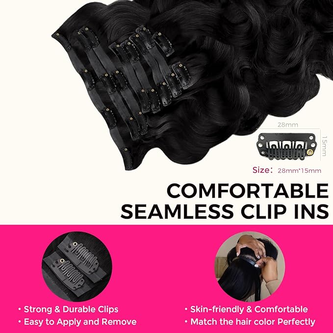 Lashey Seamless Clip in Hair Extensions Human Hair 9pcs Body Wave #1 Jet Black 150g 24 Inch Clip in Hair Extensions with PU Soft Invisi Edge for Women