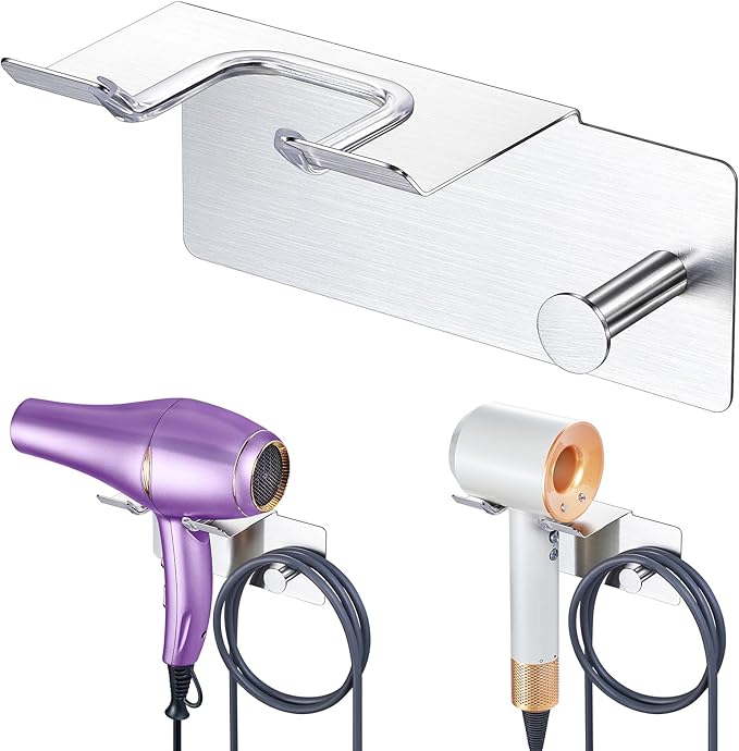 Hair Dryer Holder Wall Mounted, Blow Dryer Holder Adhesive, Metal Hairdryer Holder for Bathroom, Hair Tool Organizer with Plug&Cord for Cabinet Bathroom Bedroom Barber Shops