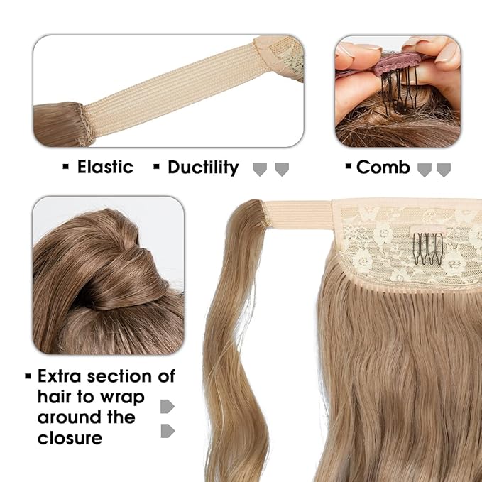 CJL HAIR 18" Long Ponytail Hair Extension Wrap Around Pony Tail Clip in Curly Wavy Synthetic Fake Hairpiece for Women Dirty Blonde