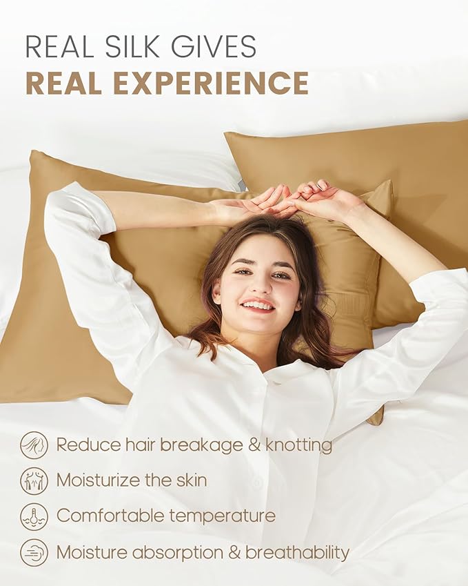 THXSILK 100% Mulberry Silk Pillowcase for Hair and Skin, Grade 6A+ Silk Pillow Case with Hidden Zipper, Hypoallergenic Pillow Case with Zipper, 1pc (Queen 20"x30", Metallic Gold)