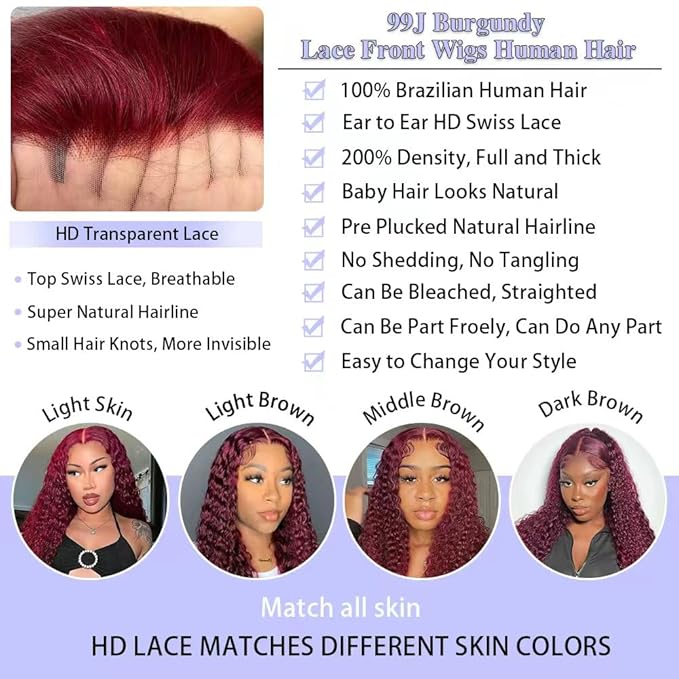34 Inch Burgundy Wig Human Hair 13x6 Deep Wave Lace Front Wigs Pre Plucked 99j Burgundy HD Lace Front Wigs 200 Density Red Frontal Glueless Wig with Baby Hair for Women
