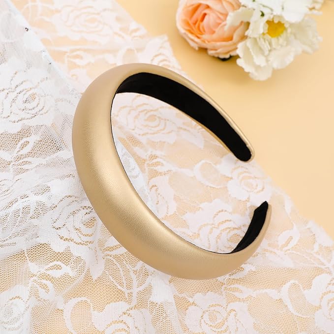 Gold Wide Headband for Women Soft Leather Padded Headband Fashion Dressy Head Band High Elastic Comfortable Hairband Hair Accessories for Womens Hair