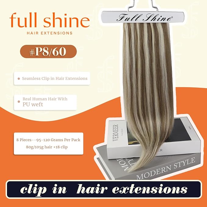 Full Shine Seamless Hair Extensions Clip ins 22 Inch Brown Highlights Clip in Extensions Light Brown Mix Platinum Blonde Remy Hair Full Head Ease of Use 8 PCS 120 G