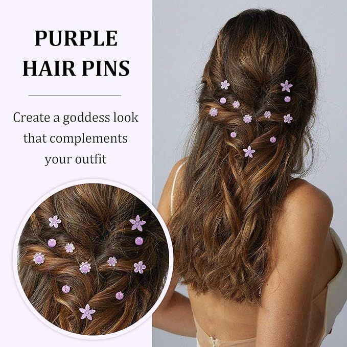 CUBACO 42PCS Mini Hair Pins for Girls, Cute Purple Wedding Hair Accessories for Women Flower Clips Rapunzel Costume for Women Bridal Pins Decorative for Brides Bridesmaids, Gift for Girls