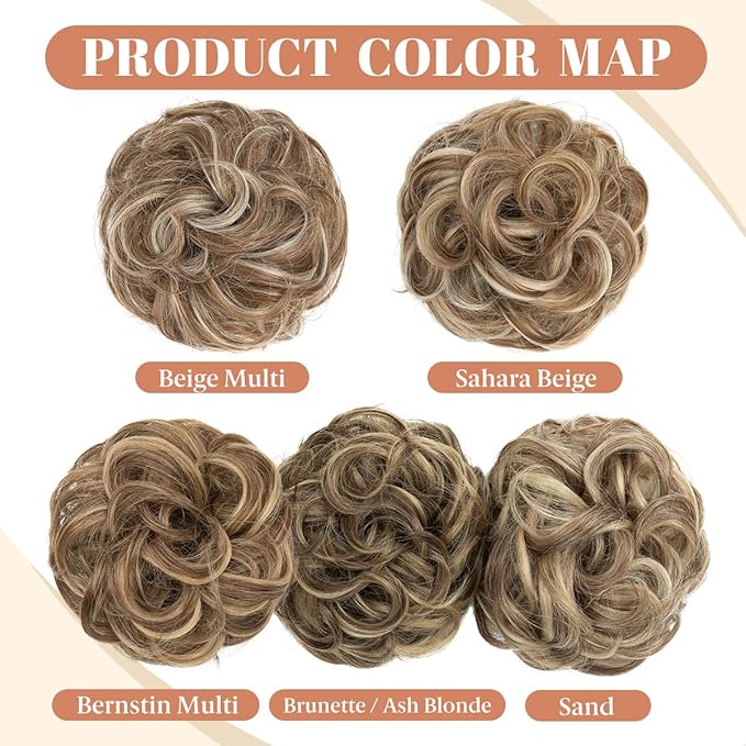 CJL HAIR 2PCS Messy Bun Hair Pieces Wavy Curly Synthetic Updo Chignon Fake Scrunchies Ponytail Extension for Women Sahara Beige